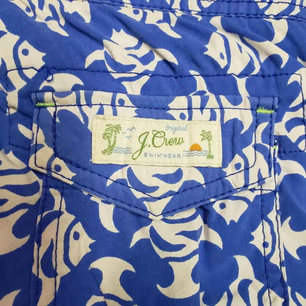 J.Crew Swim Shorts Boys Small Blue Fish Print Mesh Lined Elastic Waist Trunks